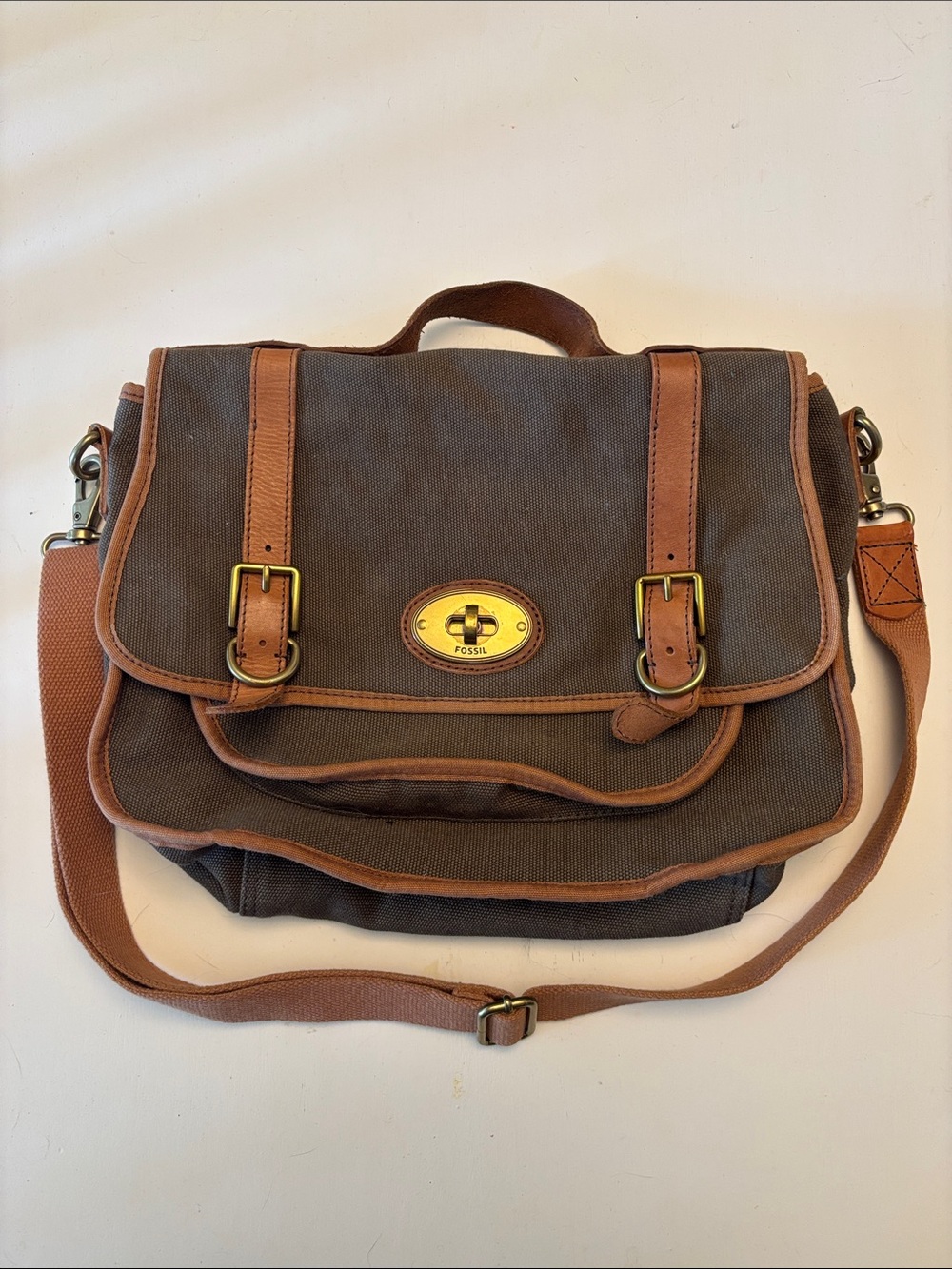 Fossil Olive Green Canvas Messenger with Tan Trim and Brass Hardware